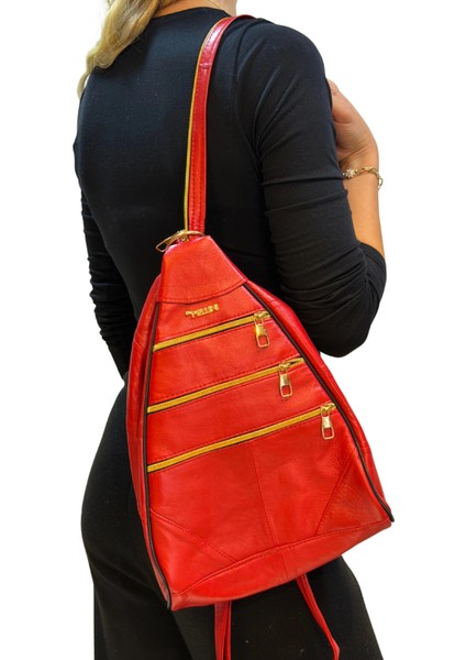 Kadın Hakiki Deri Maymun Model Sırt Çantası Kırmızı