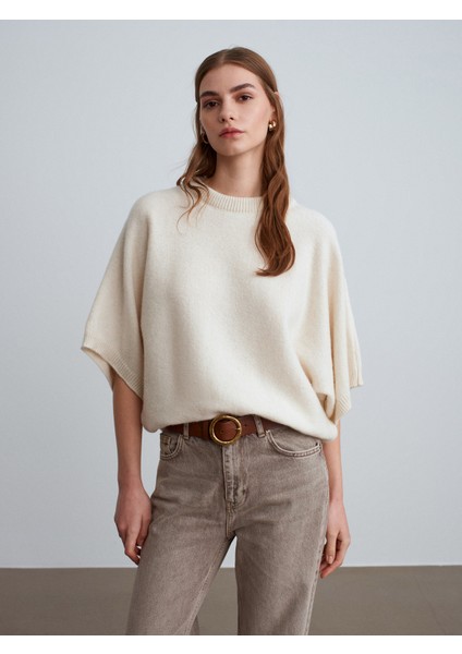 10843 Yün Karışımlı Yarasa Kollu Triko Kazak-Ekru