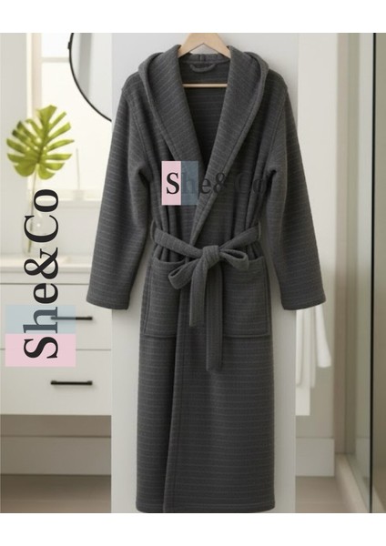 Antrasit Kapüşonlu Fitilli Dokuma Pamuklu Erkek Bornoz - Yumuşak Dokulu