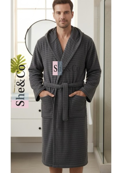 Antrasit Kapüşonlu Fitilli Dokuma Pamuklu Erkek Bornoz - Yumuşak Dokulu modelleri