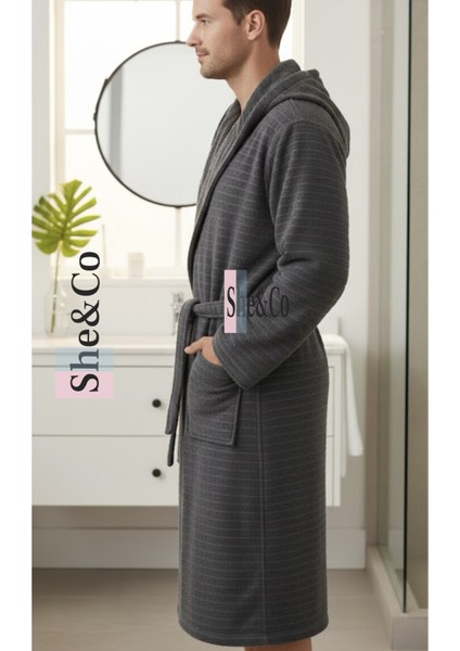 Antrasit Kapüşonlu Fitilli Dokuma Pamuklu Erkek Bornoz - Yumuşak Dokulu fırsatları