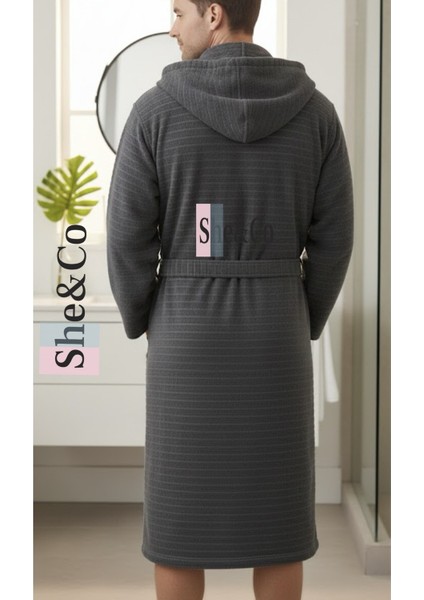 Antrasit Kapüşonlu Fitilli Dokuma Pamuklu Erkek Bornoz - Yumuşak Dokulu indirimleri
