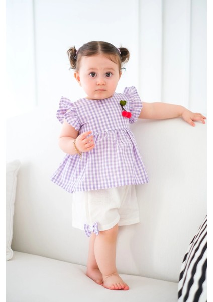 Cherry Ekose Kiraz Detaylı Kız Bebek Ikili Takım