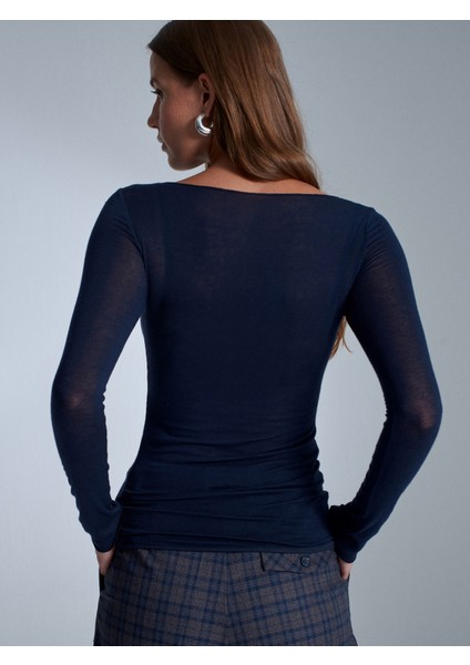 32122 Kayık Yaka Modal Kaşmir Ultra Hafif Bluz-Lacivert fiyatları