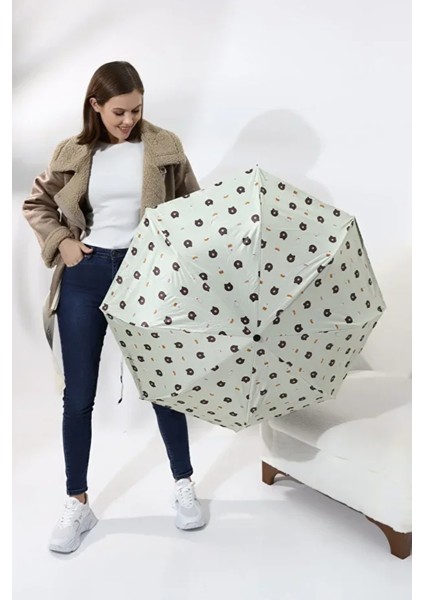 Ayıcık Desenli Krem Renkli Otomatik Şemsiye, Full Fonksiyon, Fiber Tel, Kaliteli