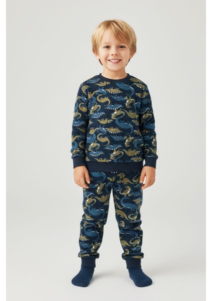 Erkek Çocuk Içi Polarlı Rahat Dinozor Desenli 3 - 8 Yaş Pijama Takımı - 1041