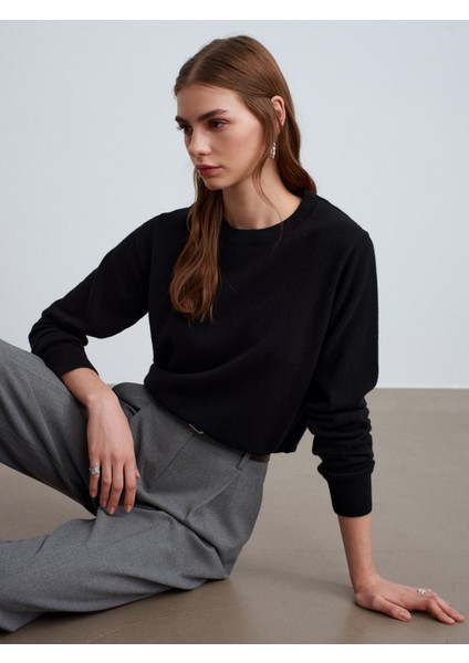 10847 %100 Kaşmir Bisiklet Yaka Kazak-Siyah fiyatları