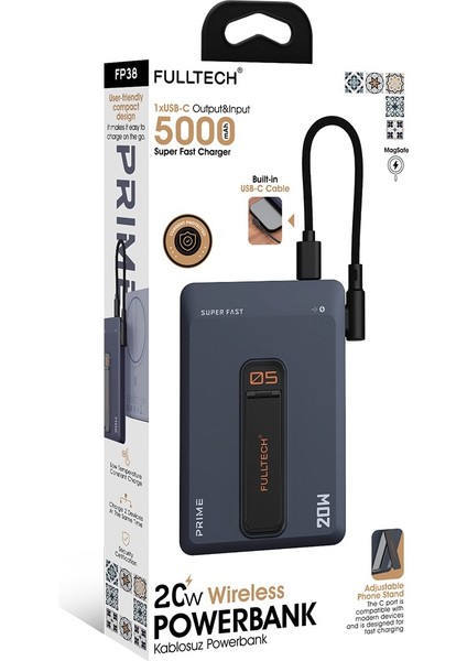 FP38 5000 Mah Magsafe Kablosuz Powerbank | 20W Pd Hızlı Şarj, Manyetik Tutucu, Dahili Usb-C Kablo, Çift Çıkışlı Kompakt Tasarım