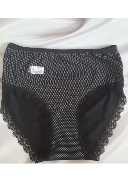 Siyah Puantiyeli Alt Kenarları Dantelli Yüksek Bel Bato Tutku Kadın Külot %100 Pamuk