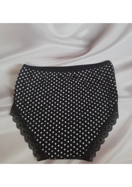 Siyah Puantiyeli Alt Kenarları Dantelli Yüksek Bel Bato Tutku Kadın Külot %100 Pamuk fiyatları
