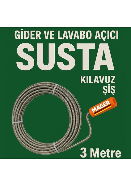 Tıkanmış Lavabo Gider Boru Kanal Açıcı Kılavuz Susta 3 Metre ( 6 mm )