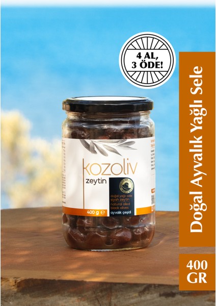 Doğal Ayvalık Çeşidi Yağlı Sele Siyah Zeytin 400 gr Cam Kavanoz
