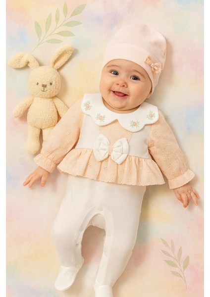 Yeni Doğan Kız Bebek 0/3-3/6 Ay Brodeli 2li Tulum Seti ve Müslin Battaniye Takımı (Hediyelik )