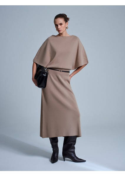 90266 Yün Karışımlı Kayık Yaka Kemerli Triko Elbise-K.vizon M. fiyatları
