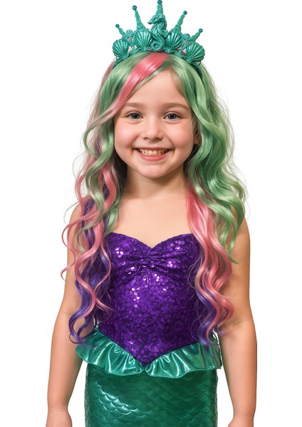 Peruk Saç Uzun Kahküllü 50 cm (Taç Dahil Değildir) Deniz Kızı Renkleri indirimleri