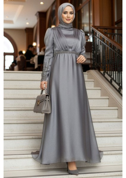 Boncuk İşlemeli Füme Tesettür Abiye Elbise 25854FU fırsatları