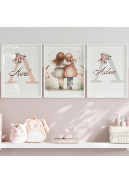 Ikiz Kız Bebek Çiçekli Isim Tablo Seti, Çocuk Odası Tablo, Bebek Odası Tablo