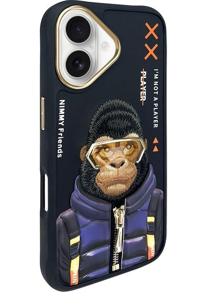 iPhone 16 3D Gerçek Nakış Işlemeli Kabartmalı Gözlük Fermuar Mont Gorilla Detaylı Cool Cute 2.0 Silikon Kılıf