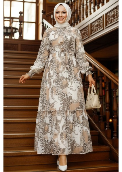 Desenli Bej Tesettür Elbise 33562BEJ indirimleri