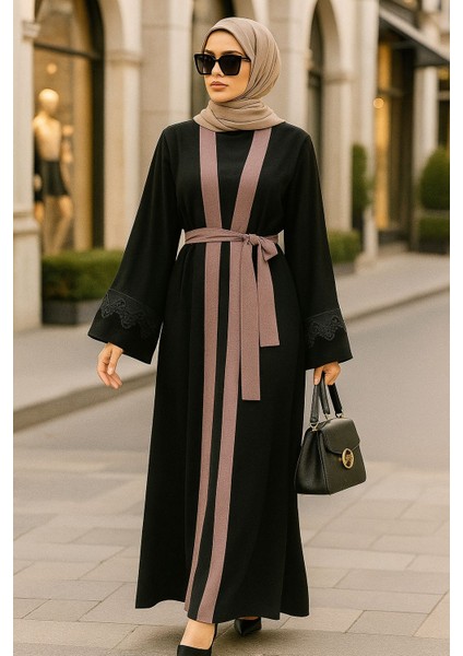 Kemerli Açık Gül Kurusu Tesettür Abaya 55440AGK fiyatları