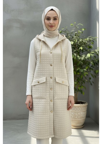 Kadın Kapüşonlu Uzun Kapitone Yelek