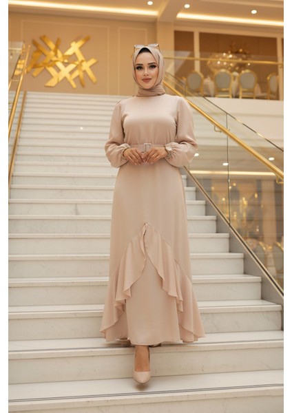 Volanlı Bej Tesettür Abiye Elbise 4566BEJ fırsatları