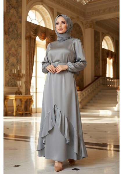 Volanlı Açık Gri Tesettür Abiye Elbise 4566AGR fiyatları