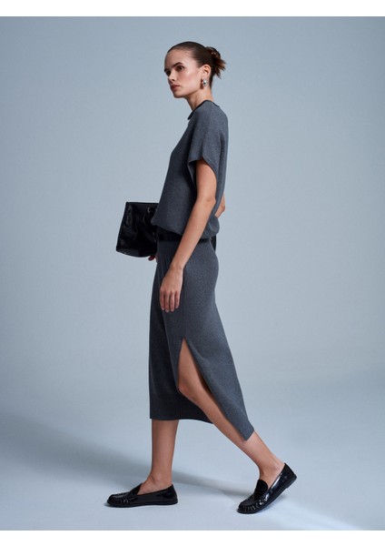 90256 Yün Karışımlı Kemerli Triko Elbise-Füme M.