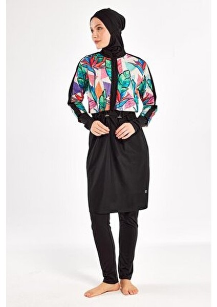 Sherry Uzun Kollu Tesettür Mayo 1411 Dokuma Kumaş ile Renkli Desen ve Rahat Kesim