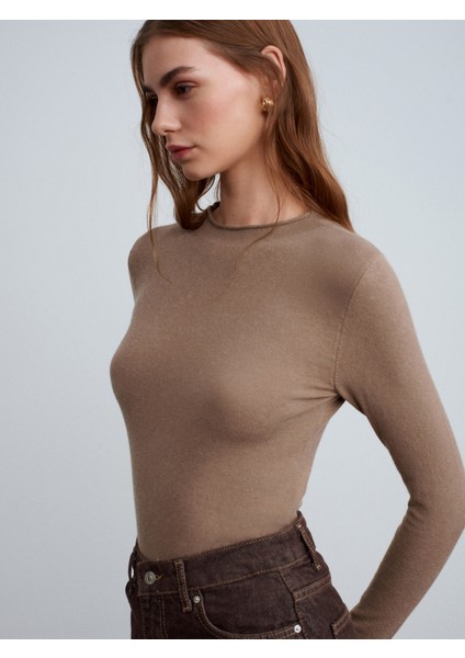 10841 Dik Yaka Kaşmir Karışımlı Triko Kazak-K.vizon M.