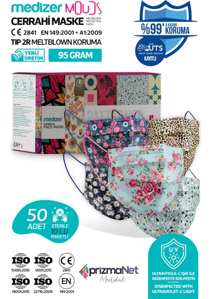 Mouds Serisi 1 Meltblown Kumaş 3 Katlı Ultrasonik Cerrahi Ağız Maskesi 5 Desen - Burun Telli