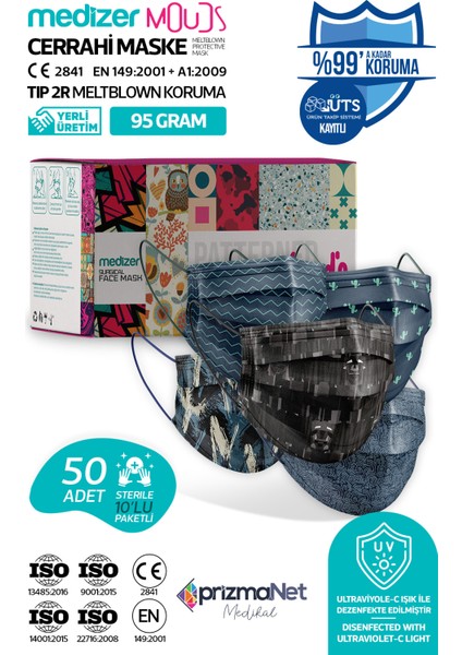 Man Serisi 2 Meltblown Kumaş 3 Katlı Full Ultrasonik Cerrahi Ağız Maskesi 5 Desen - Burun Telli