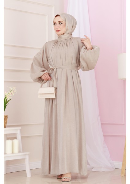 Balon Kol Taşlı Şimal Abiye-Bej