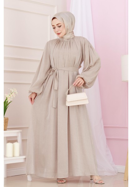 Balon Kol Taşlı Şimal Abiye-Bej