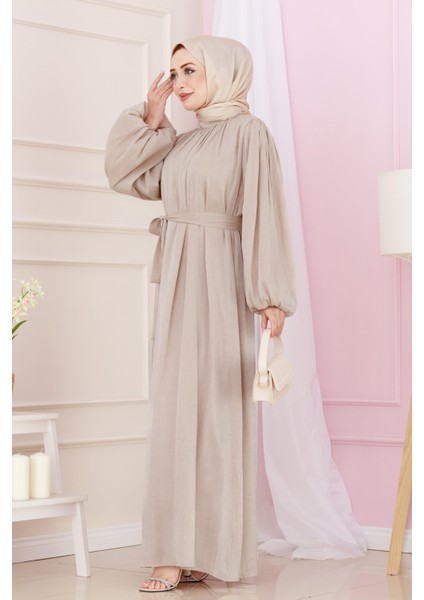 Balon Kol Taşlı Şimal Abiye-Bej