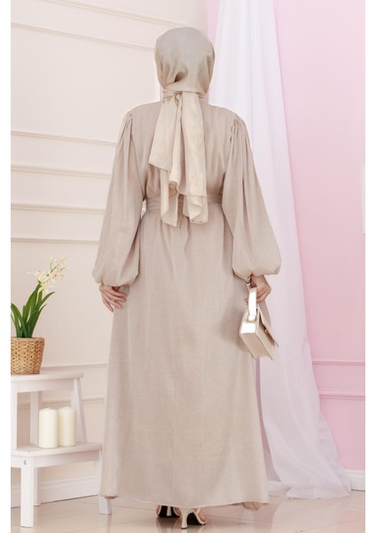 Balon Kol Taşlı Şimal Abiye-Bej