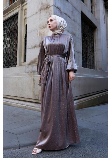 Balon Kol Taşlı Şimal Abiye-Kahverengi