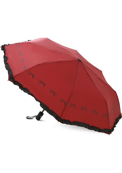 Şık Kurdele Detaylı, Fırfırlı, 8 Fiber Telli, Otomatik Şemsiye, Bordo Renk