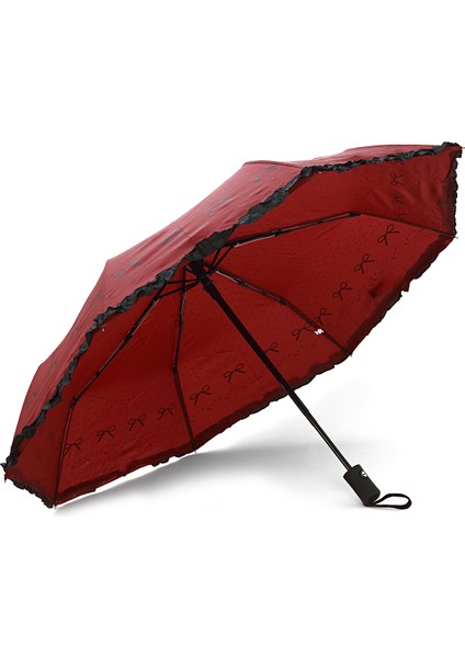 Şık Kurdele Detaylı, Fırfırlı, 8 Fiber Telli, Otomatik Şemsiye, Bordo Renk fiyatları