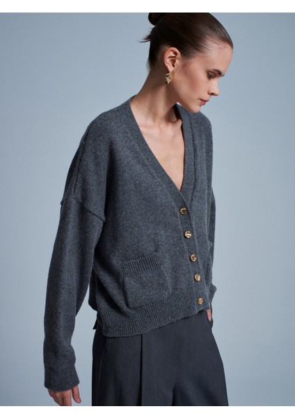 60999 Yün Karışımlı Cep Detaylı Triko Hırka-Füme