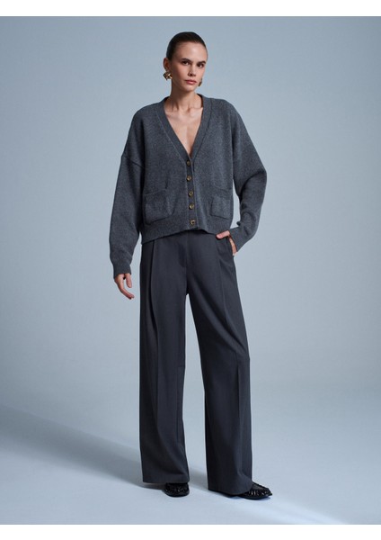 60999 Yün Karışımlı Cep Detaylı Triko Hırka-Füme indirimleri