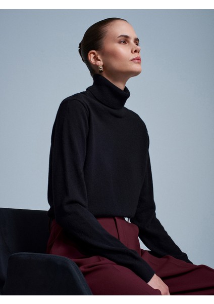 10848 %100 Kaşmir Balıkçı Yaka Kazak-Siyah