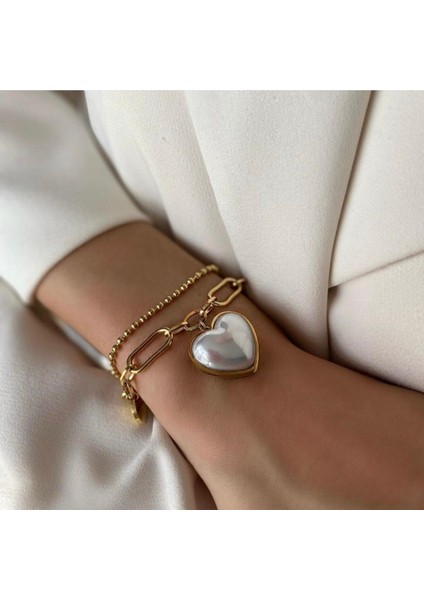 Kalpli Ikili Gold Kadın Çelik Bileklik