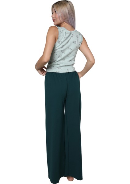 Kadın Kalın Askılı Body Bol Paça Pantolon 2`li Takım Su Yeşili fiyatları