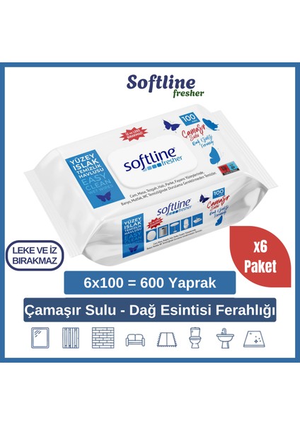 Softline Easy Clean Çamaşır Sulu Islak Mendil Yüzey Temizlik Havlusu & Mendili 6'lı Paket (6X100 Yaprak)