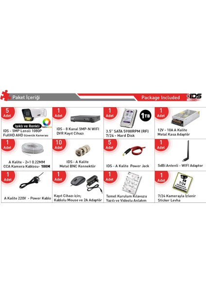 5 Kameralı Renkli Gece Görüşlü 5mp Lensli Fullhd Gece Görüşlü 9 LED Kamerası Seti - 1tb fiyatları