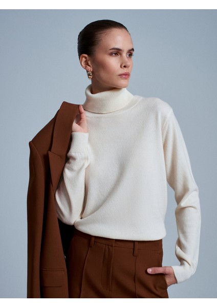 10848 %100 Kaşmir Balıkçı Yaka Kazak-Ekru fiyatları