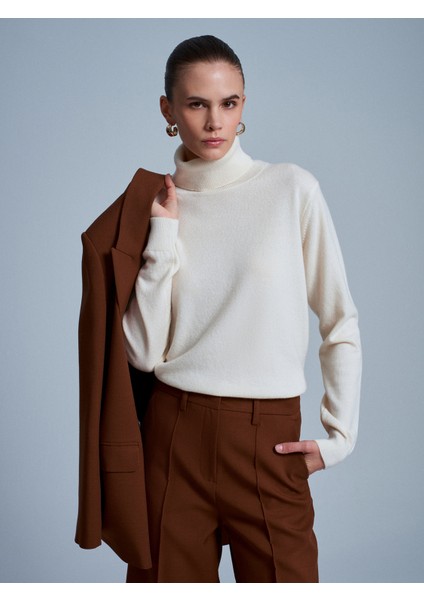 10848 %100 Kaşmir Balıkçı Yaka Kazak-Ekru fırsatları