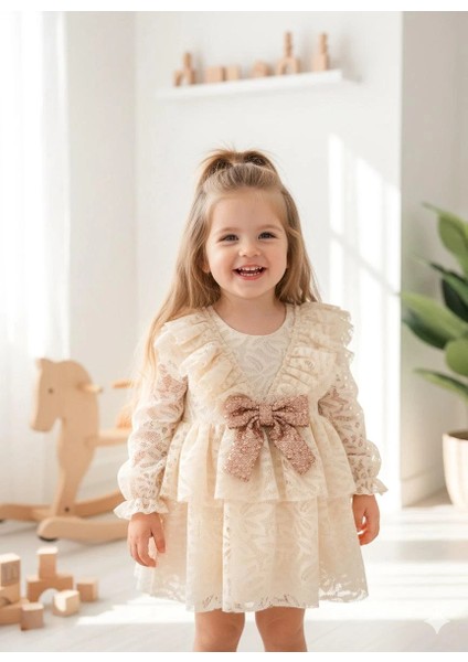 Lola Kız Bebek Pembe Dantel Detaylı Uzun Kollu Özel Gün Bayramlık Abiye Elbise
