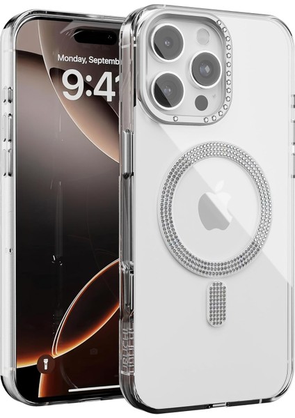 15 Pro Max ile Uyumlu Şeffaf Taşlı Mag-Safe Kılıf - Sert Mika Sararmaz Kılıf, N52 Güçlü Mıknatıs, Bağımsız Tuşlar, Lüks Kristal Tasarım (Şeffaf, 15 Pro Max)
